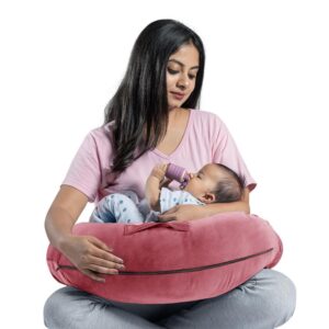 5 in 1 Nursing Pillow with Belt and Hoop for Breastfeeding with Velvet Removable Cover | Pink