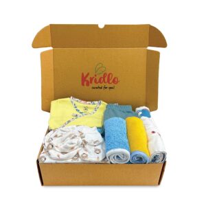 Kridlo Newborn Baby Gift Set | Clothing Gift Set for Baby Girls & Boys | Premium Eco-Friendly Baby Products | Pack of 11 (0-3 Months, Swaddle, Washcloths, Cap Booties Mittens, Dry Mat & Jhabla Pant)