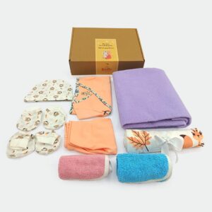 Kridlo Newborn Baby Gift Set | Eco-Friendly Baby Gift Set for Boys & Girls | Pack of 11 Premium Baby Products (0-3 Months,Swaddle, Washcloths, Cap Booties Mittens, Dry Mat & Jhabla Pant)