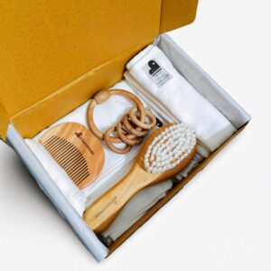 MomNess Newborn Baby Gift Set – 9 Natural Essentials | Muslin Cotton Swaddle, Towel, Washcloths, Neem Wood Comb, Brush & Teether | Baby Shower Gifts | Eco-Friendly | Unisex (Brown, White)